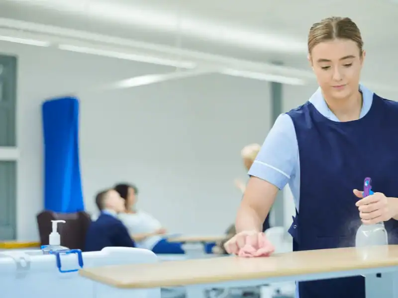 A professional female cleaner in a navy blue tunic and light blue shirt carefully wiping down a wooden examination table in a bright, modern medical facility.